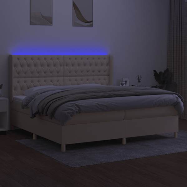LED-valgustusega kontinentaalvoodi koos 2 madratsiga, kreemjasvalge, 200 × 200 cm, kangas — mudel 3139146