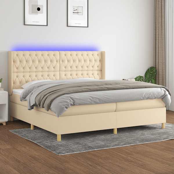 LED-valgustusega kontinentaalvoodi koos 2 madratsiga, kreemjasvalge, 200 × 200 cm, kangas — mudel 3139146