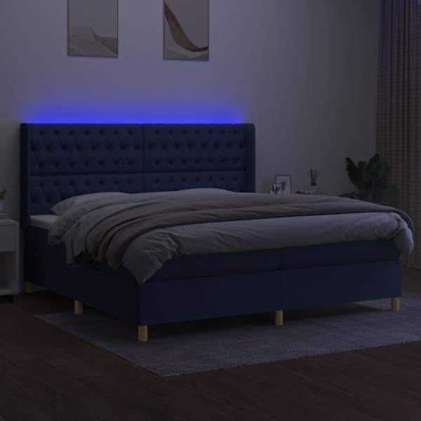 LED-valgustusega kontinentaalvoodi koos 2 madratsiga, sinine, 200 × 200 cm, kangas — mudel 3139147