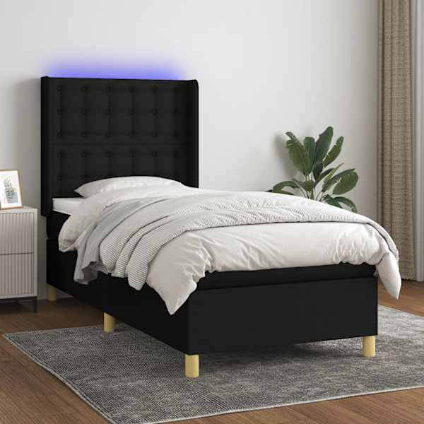 LED-valgustusega kontinentaalvoodi koos madratsiga, must, 80 × 200 cm, kangas — mudel 3139151