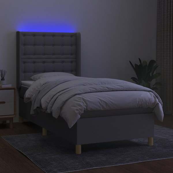 LED-valgustusega kontinentaalvoodi koos madratsiga, helehall, 90 × 200 cm, kangas — mudel 3139165