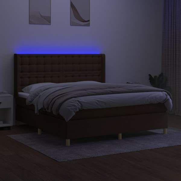 LED-valgustusega kontinentaalvoodi koos madratsiga, tumepruun, 160 × 200 cm, kangas — mudel 3139208