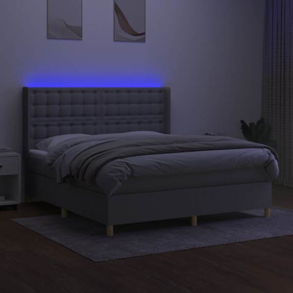LED-valgustusega kontinentaalvoodi koos madratsiga, helehall, 180 × 200 cm, kangas — mudel 3139213