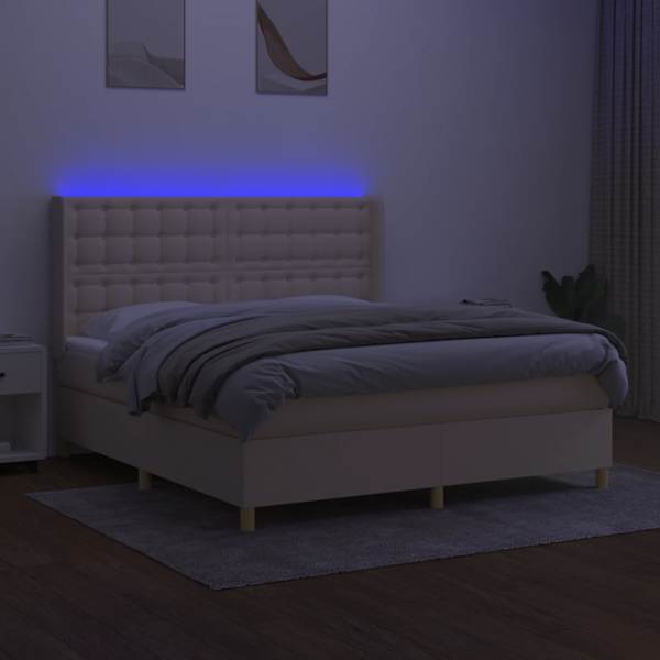 LED-valgustusega kontinentaalvoodi koos madratsiga, kreemjasvalge, 180 × 200 cm, kangas — mudel 3139218