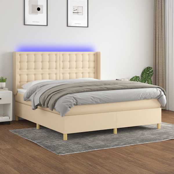 LED-valgustusega kontinentaalvoodi koos madratsiga, kreemjasvalge, 180 × 200 cm, kangas — mudel 3139218