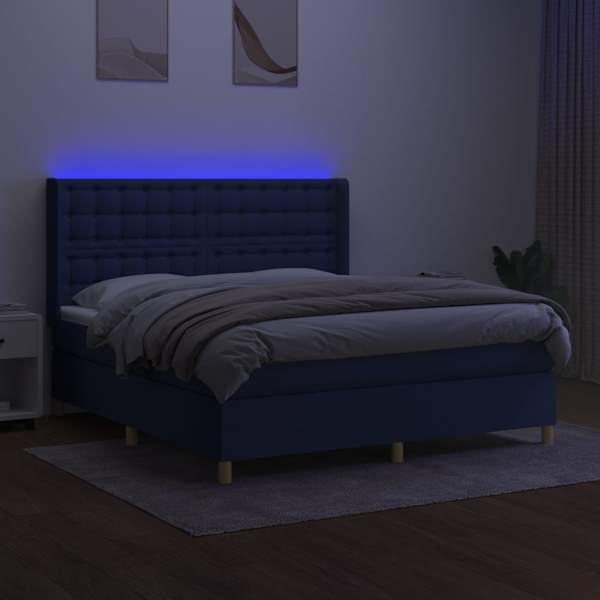 LED-valgustusega kontinentaalvoodi koos madratsiga, sinine, 180 × 200 cm, kangas — mudel 3139219