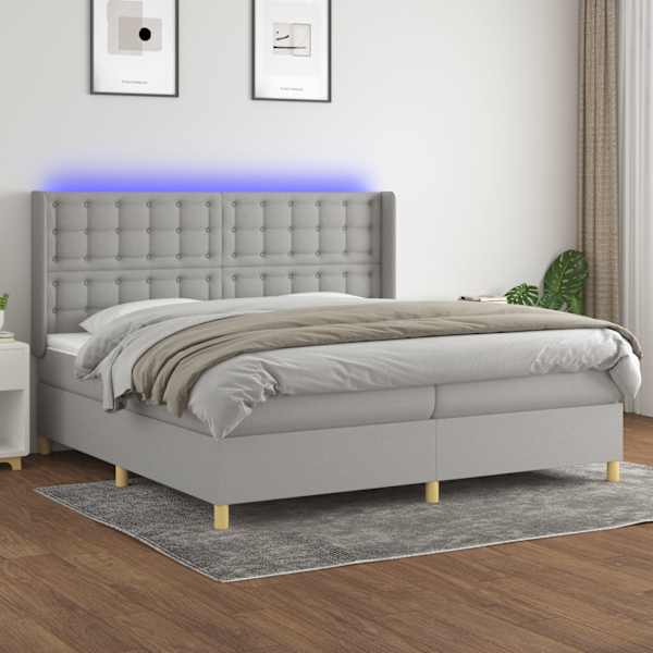 LED-valgustusega kontinentaalvoodi koos 2 madratsiga, helehall, 200 × 200 cm, kangas — mudel 3139221