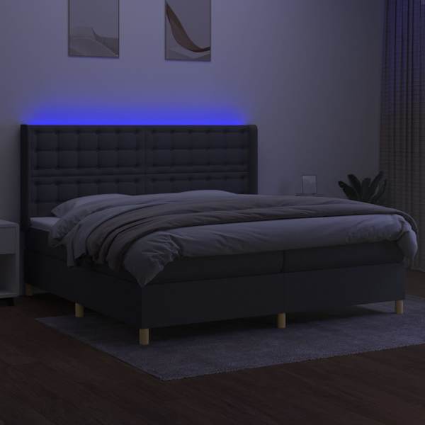 LED-valgustusega kontinentaalvoodi koos 2 madratsiga, tumehall, 200 × 200 cm, kangas — mudel 3139222