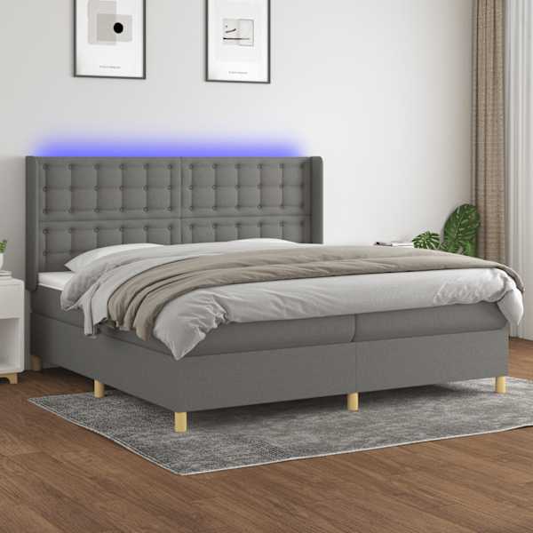 LED-valgustusega kontinentaalvoodi koos 2 madratsiga, tumehall, 200 × 200 cm, kangas — mudel 3139222