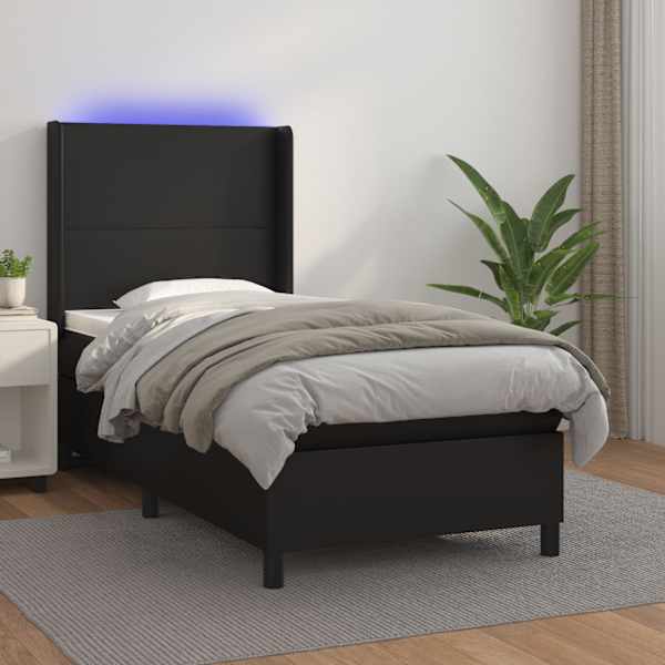 LED-valgustusega kontinentaalvoodi koos madratsiga, must, 90 × 200 cm, kunstnahk — mudel 3139241