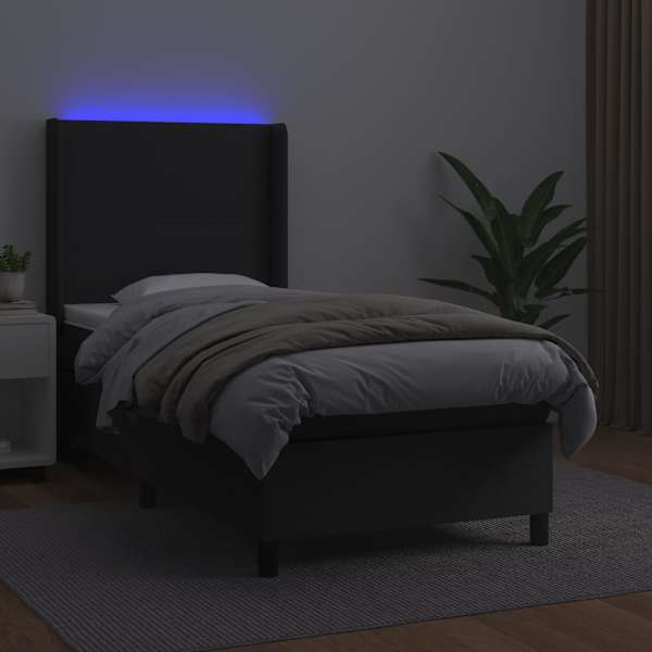 LED-valgustusega kontinentaalvoodi koos madratsiga, must, 100 × 200 cm, kunstnahk — mudel 3139247