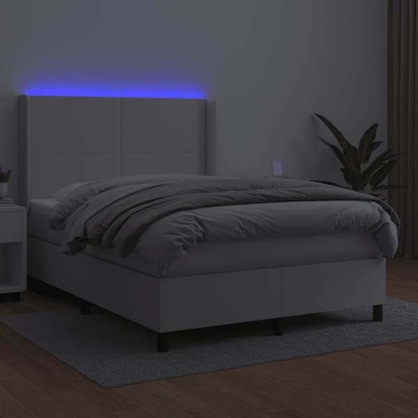 LED-valgustusega kontinentaalvoodi koos madratsiga, valge, 140 × 190 cm, kunstnahk — mudel 3139260