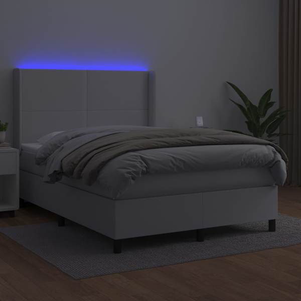 LED-valgustusega kontinentaalvoodi koos madratsiga, valge, 140 × 200 cm, kunstnahk — mudel 3139266