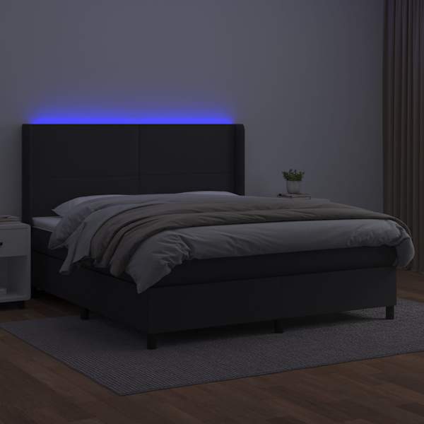 LED-valgustusega kontinentaalvoodi koos madratsiga, must, 160 × 200 cm, kunstnahk — mudel 3139271