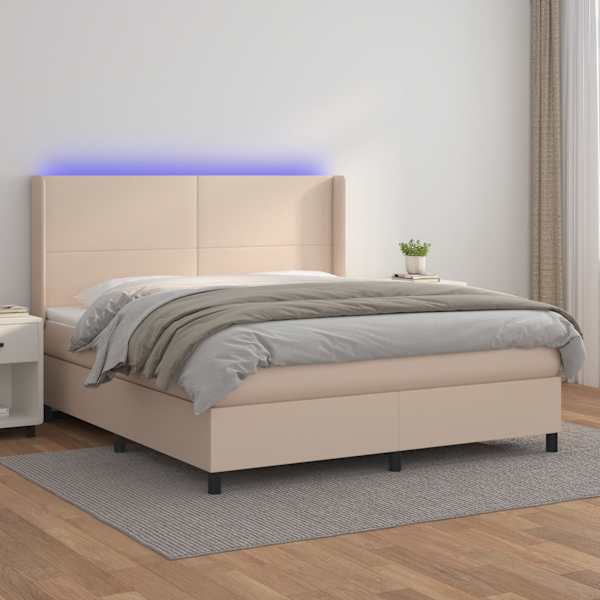 LED-valgustusega kontinentaalvoodi koos madratsiga, cappuccino, 160 × 200 cm, kunstnahk — mudel 3139276