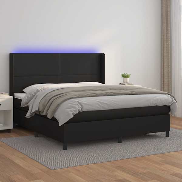 LED-valgustusega kontinentaalvoodi koos madratsiga, must, 180 × 200 cm, kunstnahk — mudel 3139277