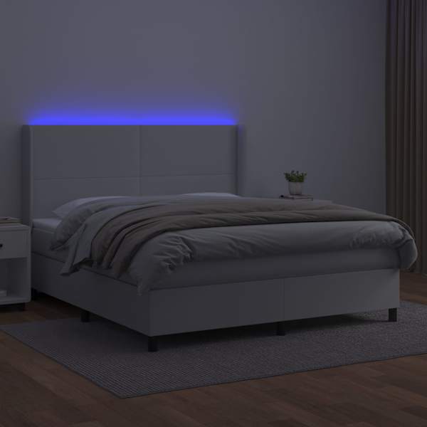 LED-valgustusega kontinentaalvoodi koos madratsiga, valge, 180 × 200 cm, kunstnahk — mudel 3139278