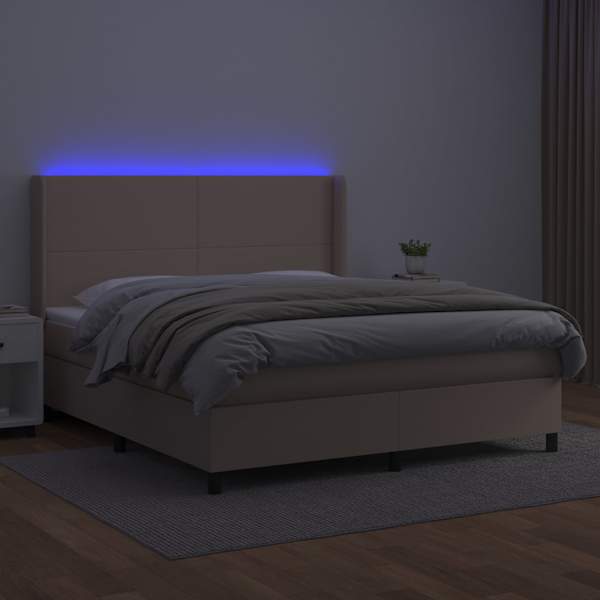 LED-valgustusega kontinentaalvoodi koos madratsiga, cappuccino, 180 × 200 cm, kunstnahk — mudel 3139282