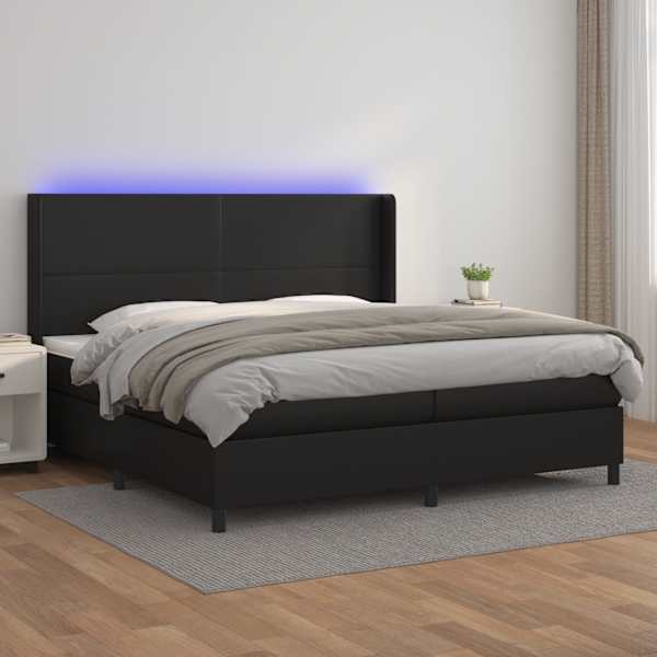 LED-valgustusega kontinentaalvoodi koos 2 madratsiga, must, 200 × 200 cm, kunstnahk — mudel 3139283