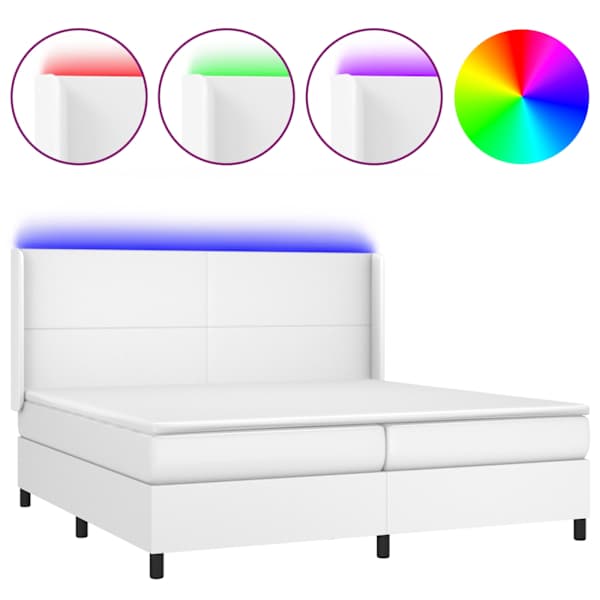 LED-valgustusega kontinentaalvoodi koos 2 madratsiga, valge, 200 × 200 cm, kunstnahk — mudel 3139284
