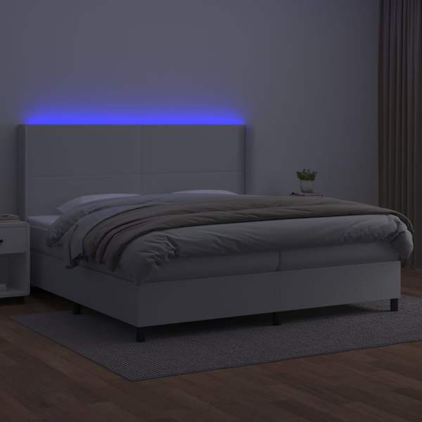 LED-valgustusega kontinentaalvoodi koos 2 madratsiga, valge, 200 × 200 cm, kunstnahk — mudel 3139284