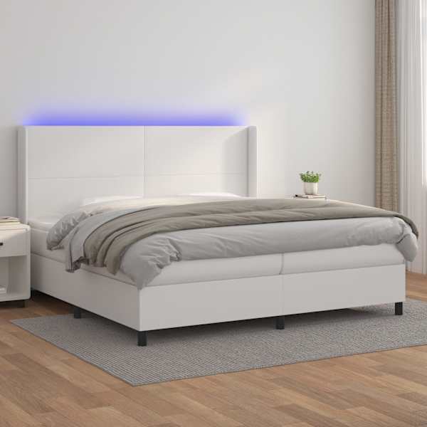 LED-valgustusega kontinentaalvoodi koos 2 madratsiga, valge, 200 × 200 cm, kunstnahk — mudel 3139284