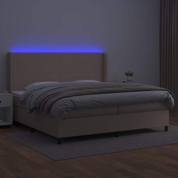 LED-valgustusega kontinentaalvoodi koos 2 madratsiga, cappuccino, 200 × 200 cm, kunstnahk — mudel 3139288