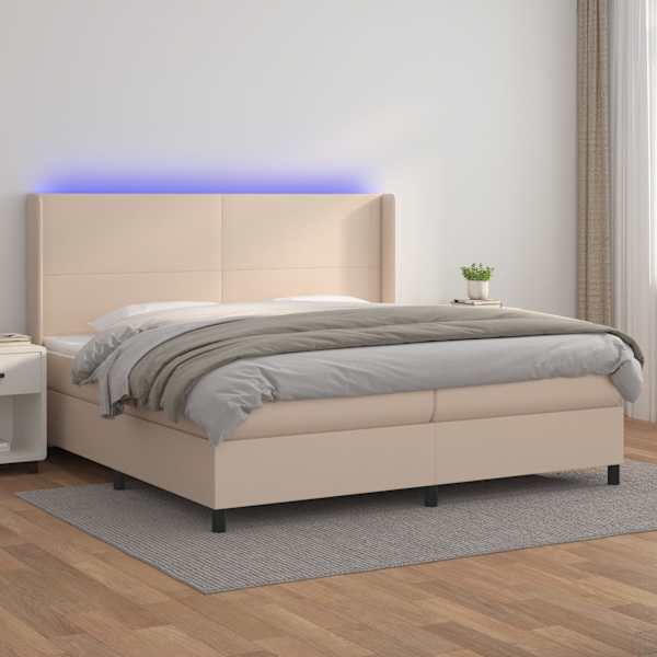 LED-valgustusega kontinentaalvoodi koos 2 madratsiga, cappuccino, 200 × 200 cm, kunstnahk — mudel 3139288
