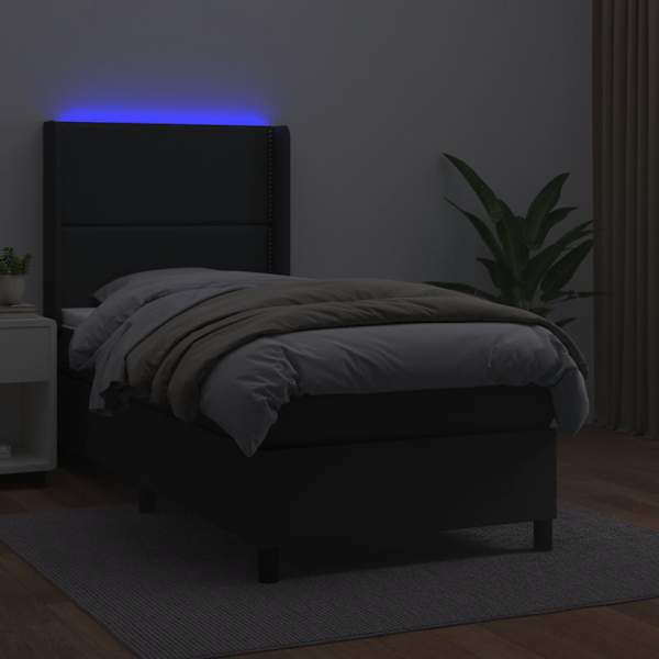 LED-valgustusega kontinentaalvoodi koos madratsiga, must, 100 × 200 cm, kunstnahk — mudel 3139307