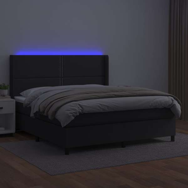 LED-valgustusega kontinentaalvoodi koos madratsiga, must, 180 × 200 cm, kunstnahk — mudel 3139337