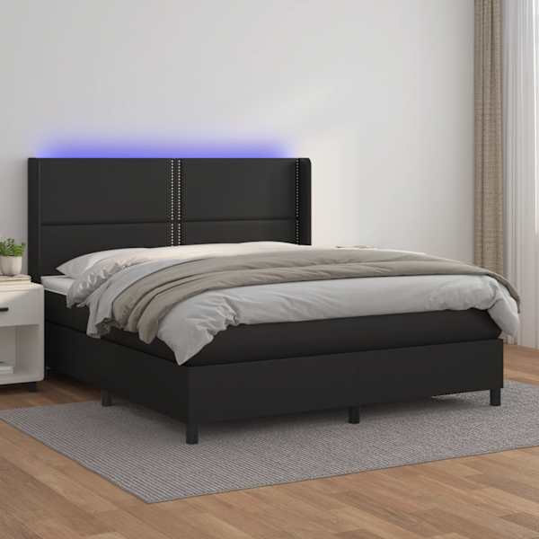 LED-valgustusega kontinentaalvoodi koos madratsiga, must, 180 × 200 cm, kunstnahk — mudel 3139337