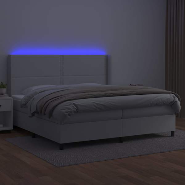 LED-valgustusega kontinentaalvoodi koos 2 madratsiga, valge, 200 × 200 cm, kunstnahk — mudel 3139344