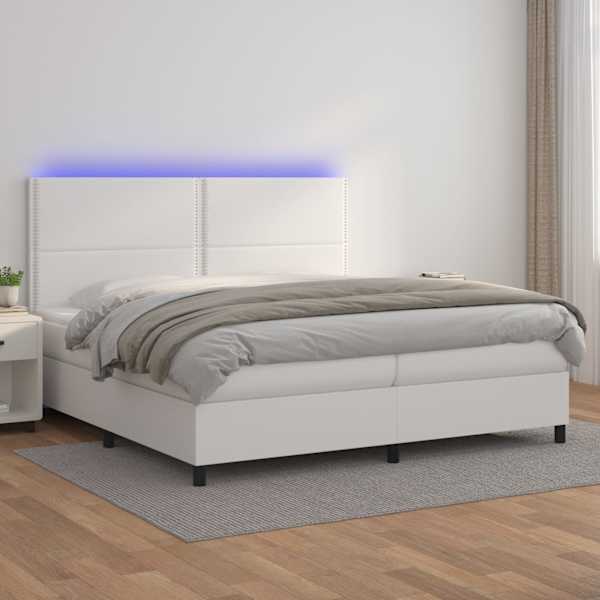 LED-valgustusega kontinentaalvoodi koos 2 madratsiga, valge, 200 × 200 cm, kunstnahk — mudel 3139344