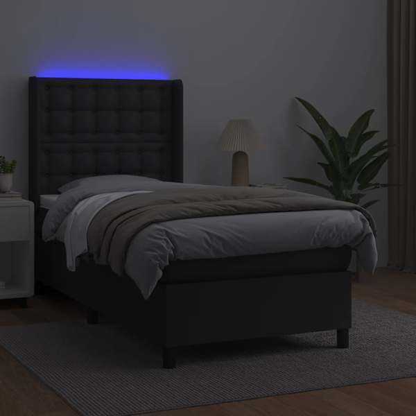 LED-valgustusega kontinentaalvoodi koos madratsiga, must, 80 × 200 cm, kunstnahk — mudel 3139349