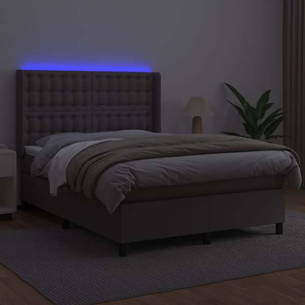 LED-valgustusega kontinentaalvoodi koos madratsiga, hall, 140 × 190 cm, kunstnahk — mudel 3139383