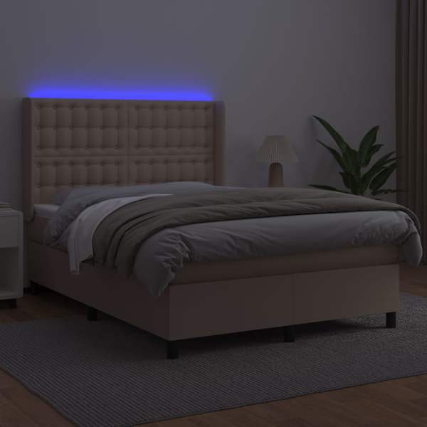 LED-valgustusega kontinentaalvoodi koos madratsiga, cappuccino, 140 × 190 cm, kunstnahk — mudel 3139384