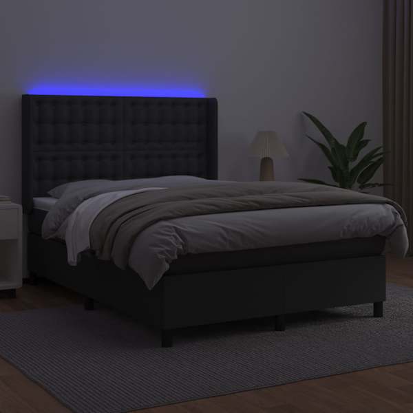 LED-valgustusega kontinentaalvoodi koos madratsiga, must, 140 × 200 cm, kunstnahk — mudel 3139385