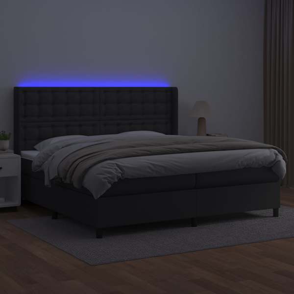 LED-valgustusega kontinentaalvoodi koos 2 madratsiga, must, 200 × 200 cm, kunstnahk — mudel 3139403