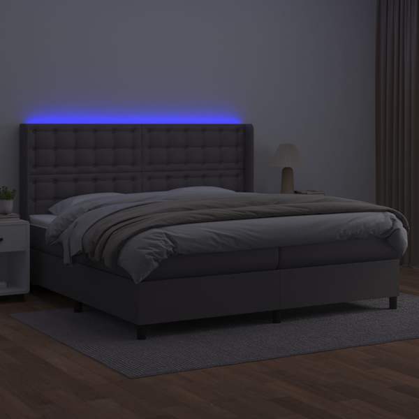LED-valgustusega kontinentaalvoodi koos 2 madratsiga, hall, 200 × 200 cm, kunstnahk — mudel 3139407