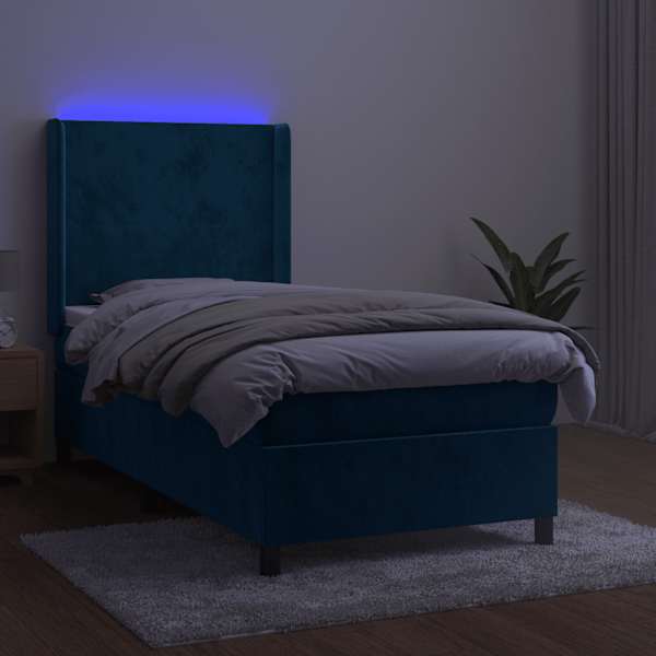 LED-valgustusega kontinentaalvoodi koos madratsiga, tumesinine, 80 × 200 cm, samet — mudel 3139413