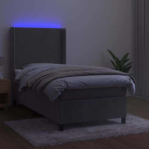 LED-valgustusega kontinentaalvoodi koos madratsiga, helehall, 90 × 190 cm, samet — mudel 3139415