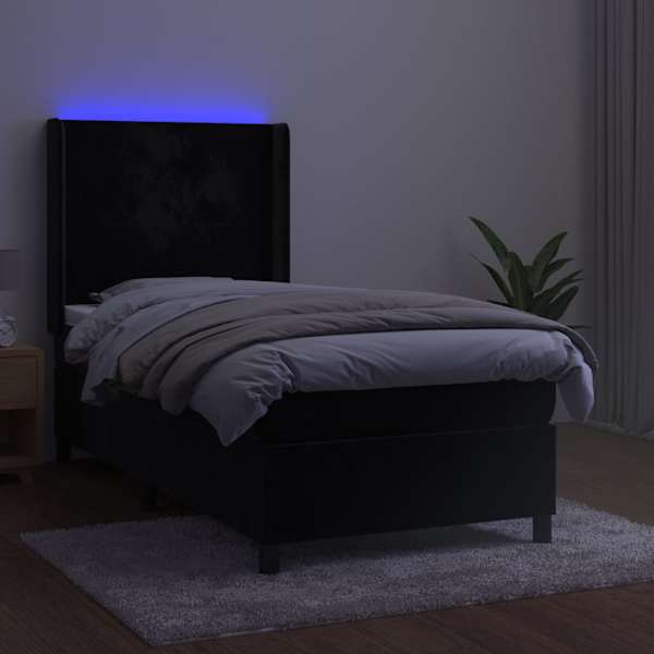 LED-valgustusega kontinentaalvoodi koos madratsiga, must, 90 × 200 cm, samet — mudel 3139423