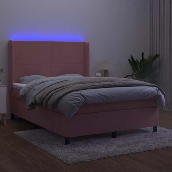 LED-valgustusega kontinentaalvoodi koos madratsiga, roosa, 140 × 190 cm, samet — mudel 3139444