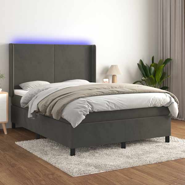 LED-valgustusega kontinentaalvoodi koos madratsiga, tumehall, 140 × 200 cm, samet — mudel 3139446