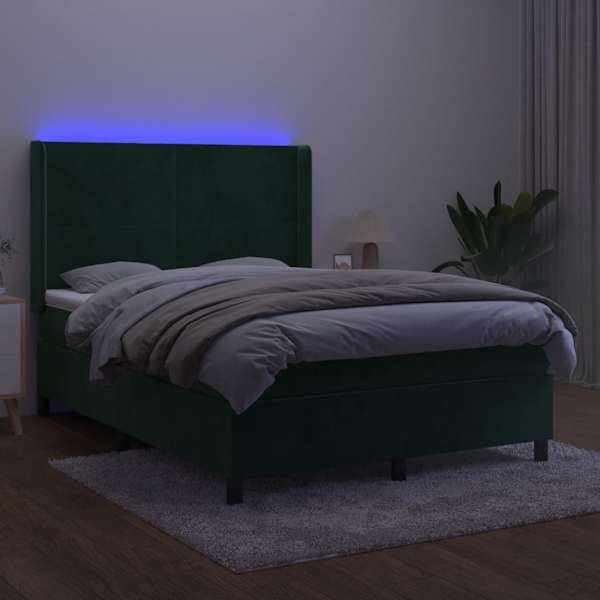 LED-valgustusega kontinentaalvoodi koos madratsiga, tumeroheline, 140 × 200 cm, samet — mudel 3139448