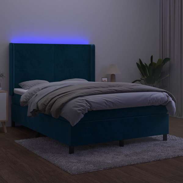 LED-valgustusega kontinentaalvoodi koos madratsiga, tumesinine, 140 × 200 cm, samet — mudel 3139449
