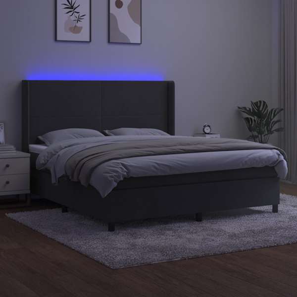 LED-valgustusega kontinentaalvoodi koos madratsiga, tumehall, 160 × 200 cm, samet — mudel 3139452