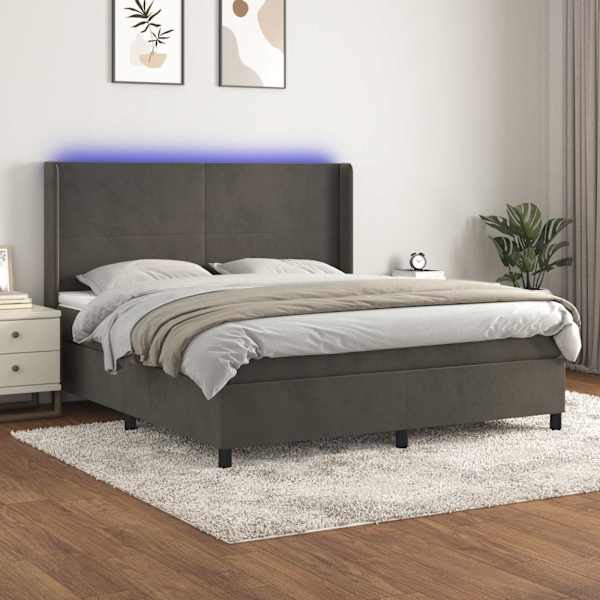 LED-valgustusega kontinentaalvoodi koos madratsiga, tumehall, 160 × 200 cm, samet — mudel 3139452