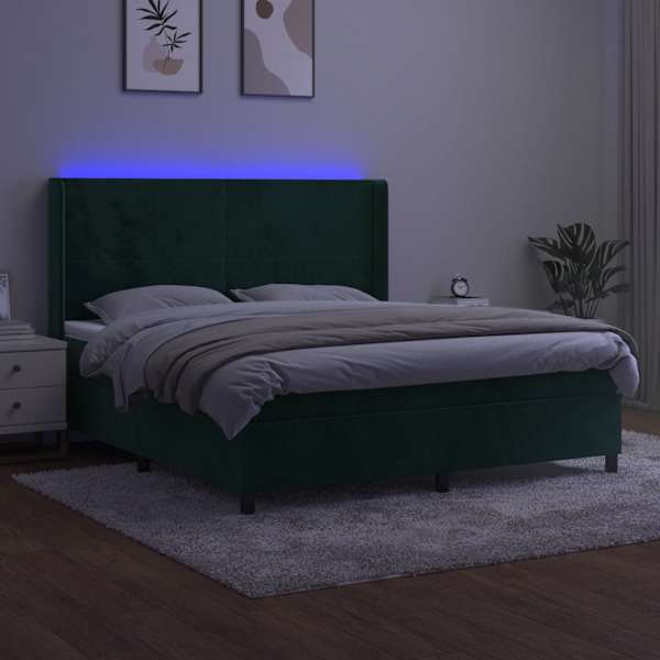 LED-valgustusega kontinentaalvoodi koos madratsiga, tumeroheline, 160 × 200 cm, samet — mudel 3139454