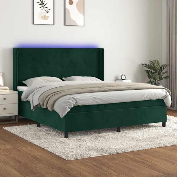 LED-valgustusega kontinentaalvoodi koos madratsiga, tumeroheline, 160 × 200 cm, samet — mudel 3139454